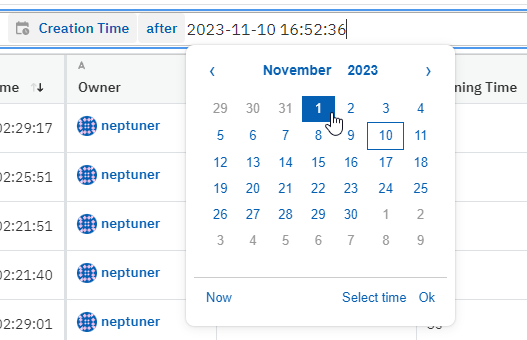 Filter input box and selection menu for date and time