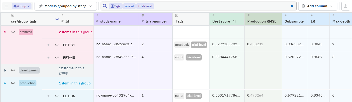 Model metadata grouped by stage in the web app